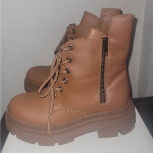 NIB Sheridan Mia Bela Brown Leather ChunkyPlatform ChunkyHeel Combat Boot 39/8.5